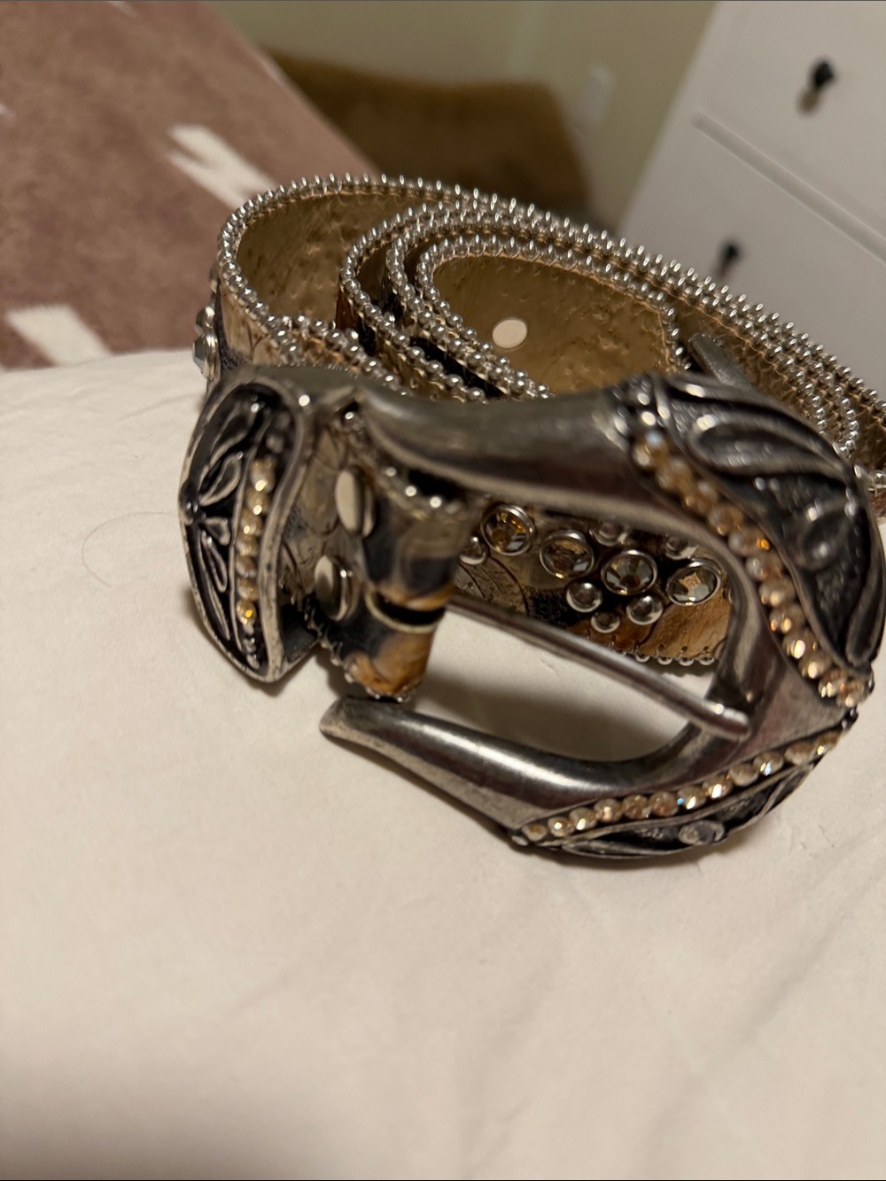B.B. Simon Silver Rhinestone Western Buckle Belt with Cream & Brown Leather